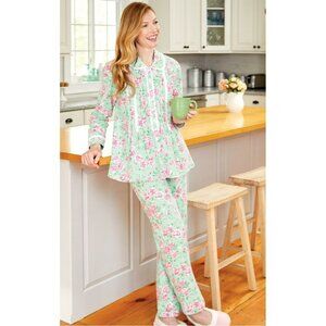 Lanz of Salzburg Flannel Pajamas 2 Piece Mint Green Pink Roses NWT 1X Floral